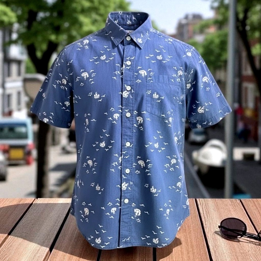 Batik Bay Mens Medium Blue Ship‎ & Seagull Print Short Sleeve Button Up Shirt